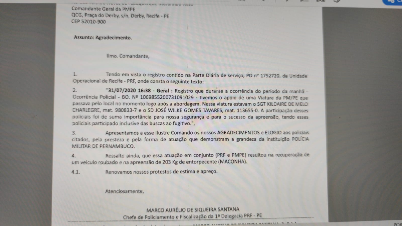 Em ofício, PRF agradece empenho e participação de PMs do 21º BPM durante apreensão de 203kg de maconha em Vitória